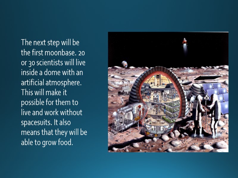 The next step will be the first moonbase. 20 or 30 scientists will live